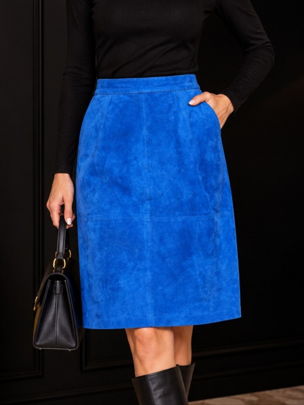 Vintage 80s Electric Blue Genuine Suede Leather Midi Skirt High Waist XS 25